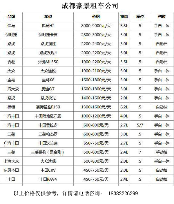 成都租越野车价格表