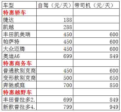 成都租车特惠价格表